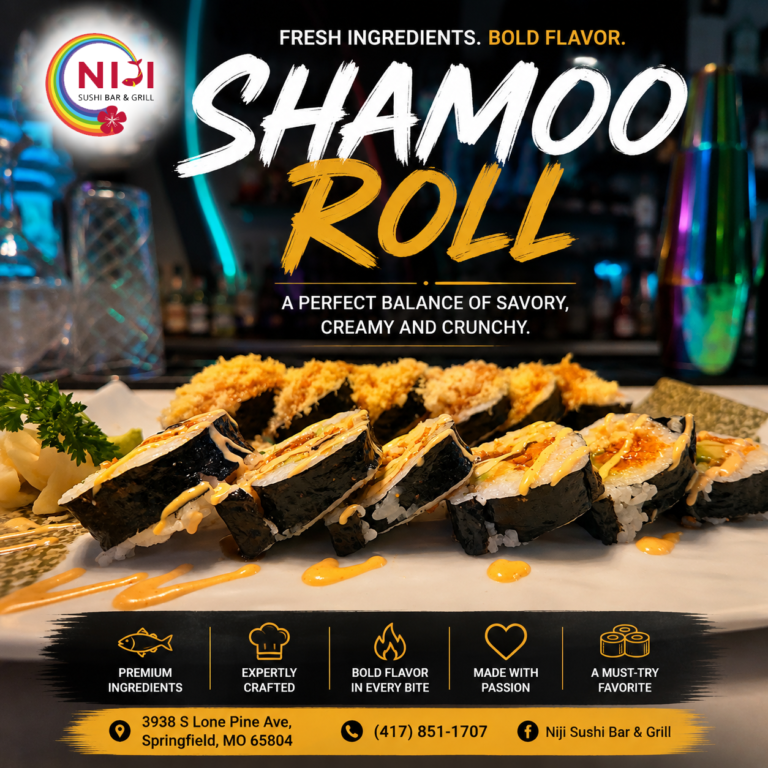 A shared table spread of sushi rolls including the TNT Roll and Jurassic Park Roll at Niji Sushi Bar & Grill in Springfield